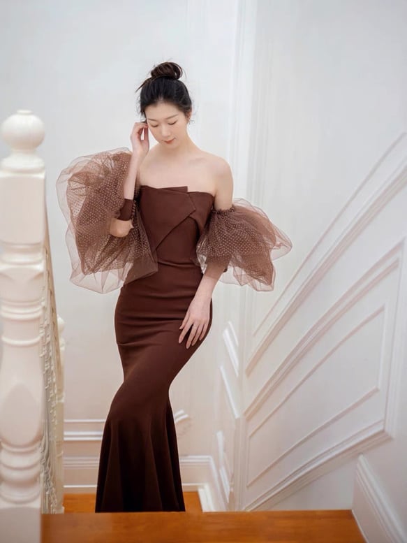 オフショルダー ボリューム袖 マーメイドドレス 2color