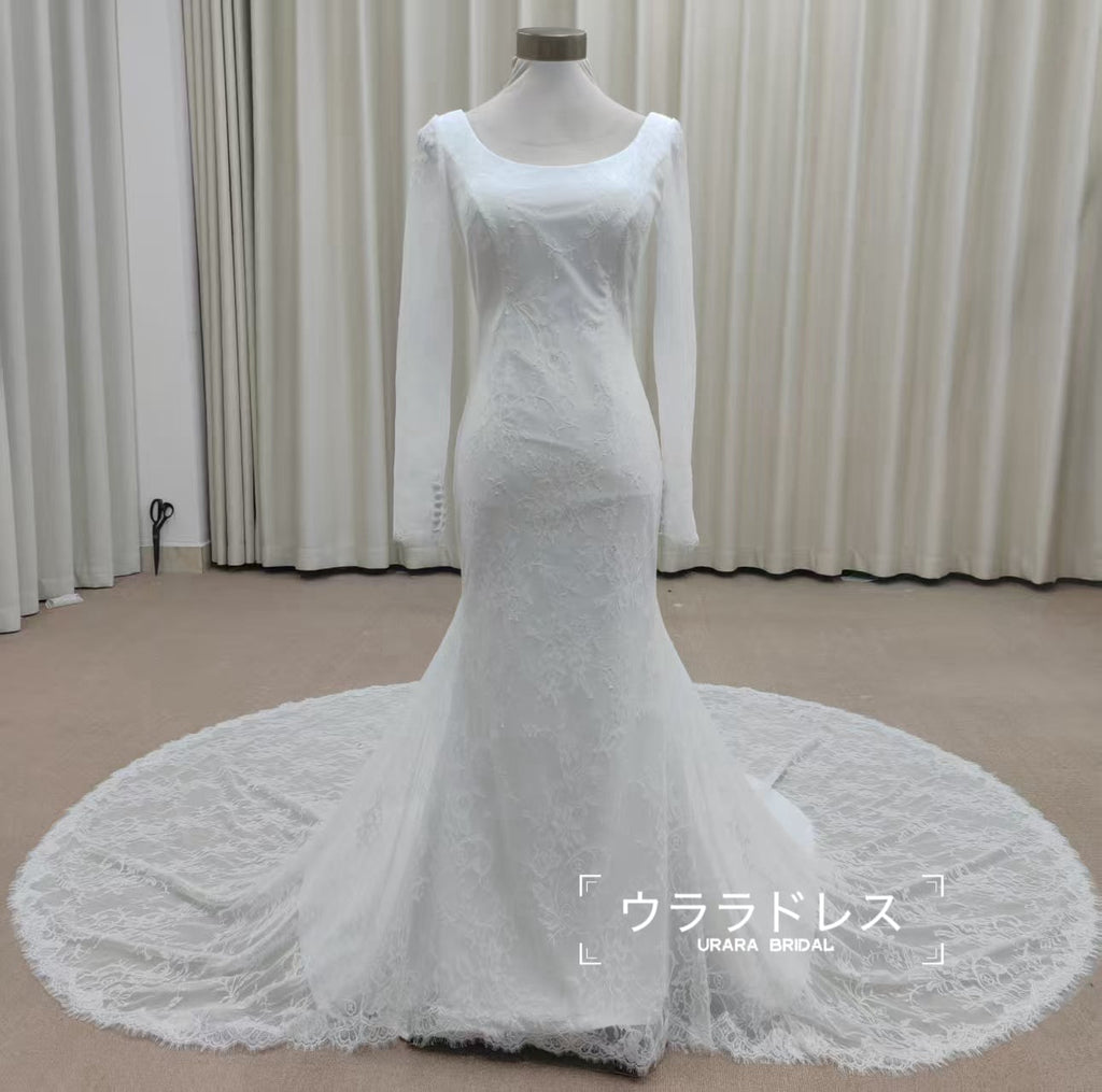 【総レース】クラシカルな長袖マーメイド ウェディングドレス Vバ