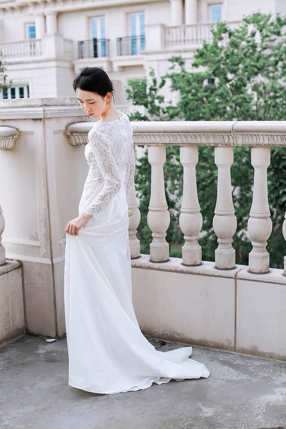 シンプルウエディングドレス 長袖レース フォト 前撮り 後撮り