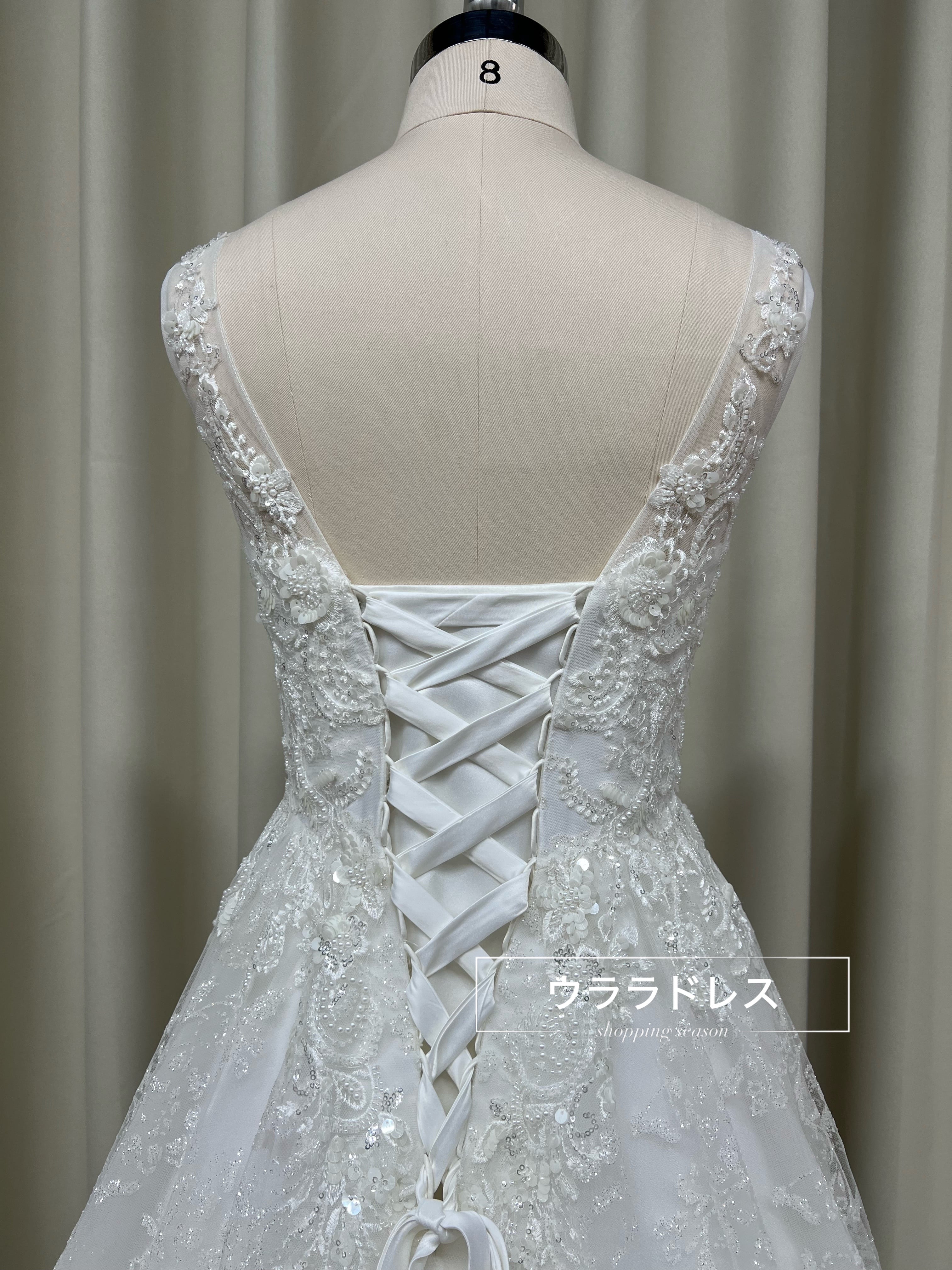 【花柄レース＆スパンコール】Aライン刺繍ウェディングドレスVネック＆ロングトレー