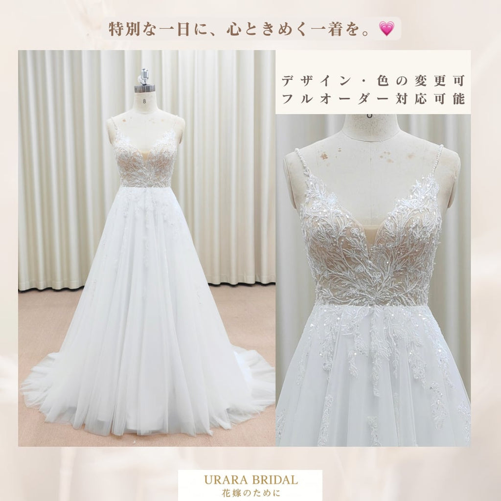 繊細レース×細ストラップのAラインドレス｜軽やかなチュールスカートの上品デザインf