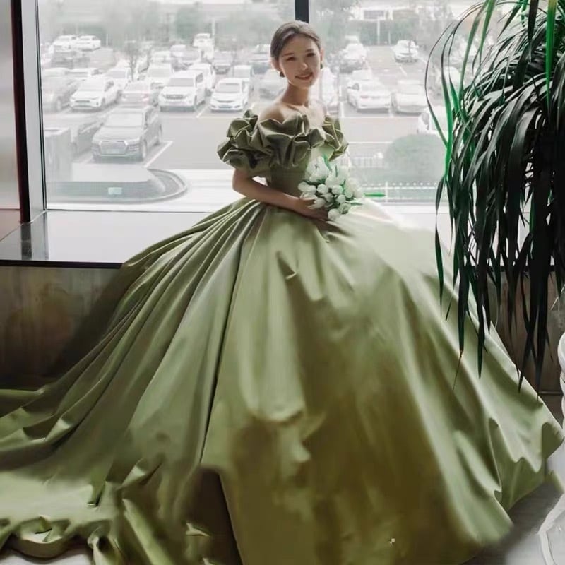 『売上NO.1』フリルオフショルダー グリーンドレス 二次会 前撮り フォト