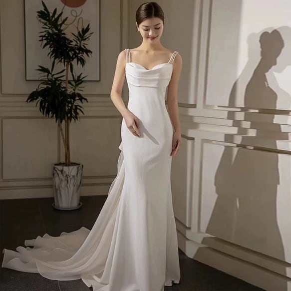 シンプルサテン バックリボン ウエディングドレス