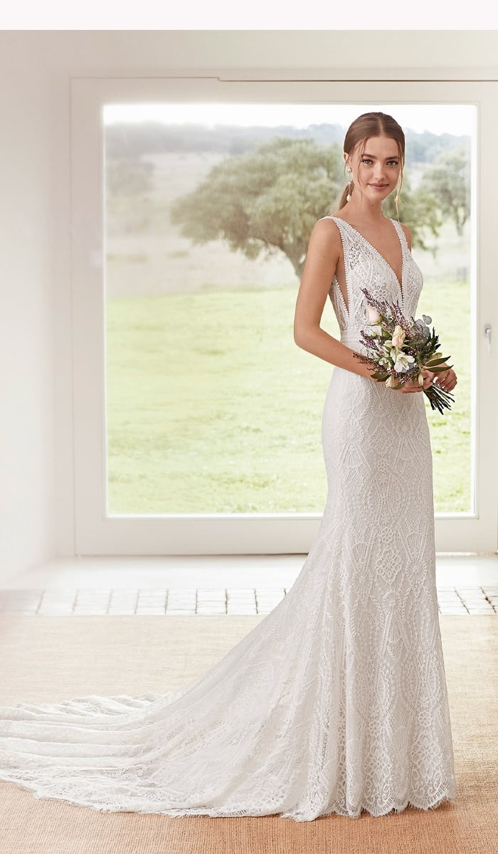 マーメイド レース Vネック バックレス トレーン付 ウェディングドレス