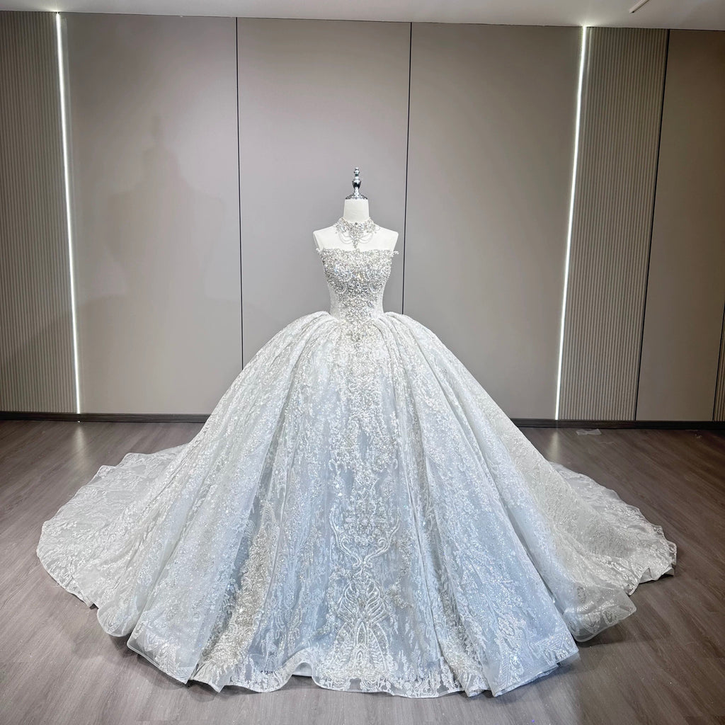 豪华刺繍プリンセスライン ウェディングドレス ロングトレーン ベール付き