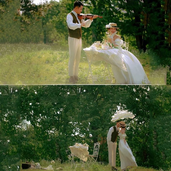 サテン フリルオフショルダー パフスリーブウエディングドレス