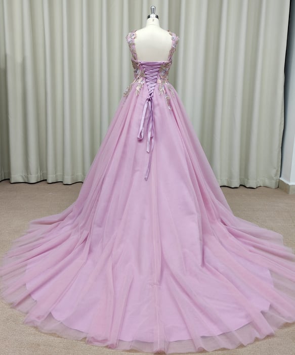 【デザイン、色変更可能】Aライン　ノースリーブ　刺繍　ピンク　ウェディングドレス　二次会　前撮り　演奏会