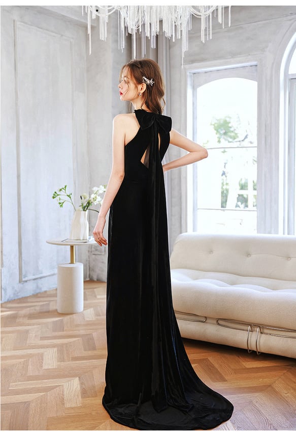 ホルターネックバックリボンパーティドレス ベロア
