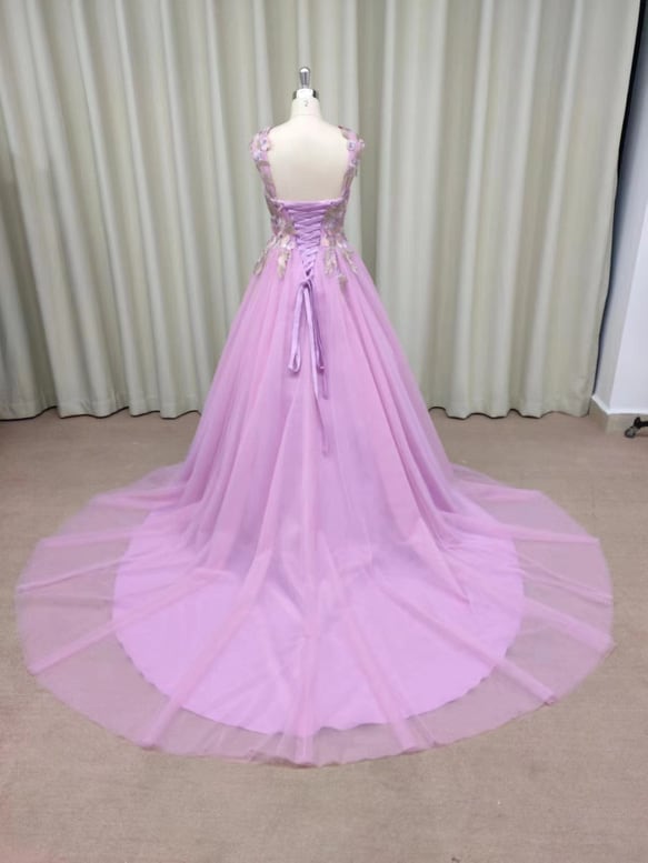 【デザイン、色変更可能】Aライン　ノースリーブ　刺繍　ピンク　ウェディングドレス　二次会　前撮り　演奏会