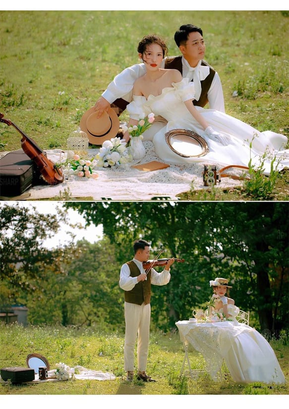 サテン フリルオフショルダー パフスリーブウエディングドレス