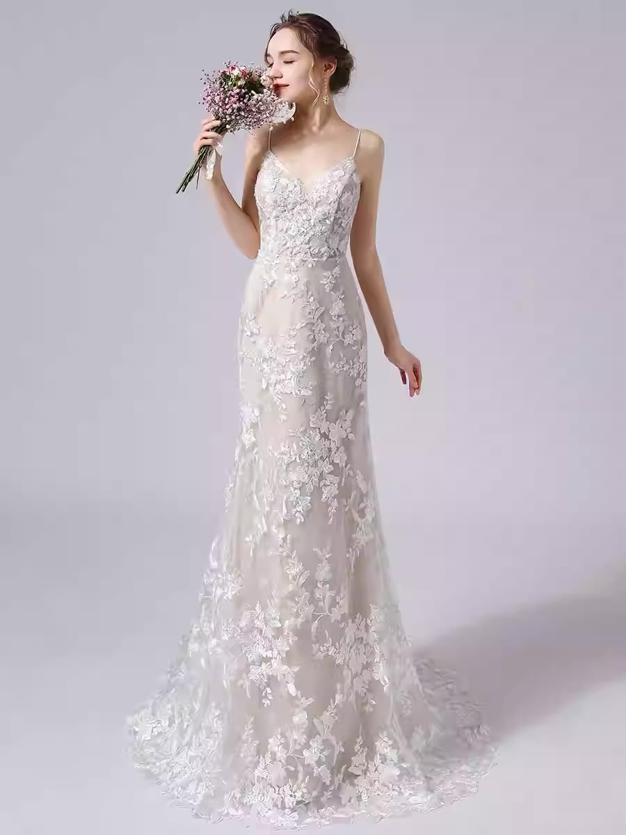 フォトウェディング ナチュラルドレス レース 花嫁 ロング丈