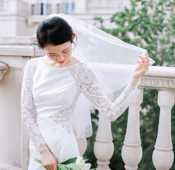 シンプルウエディングドレス 長袖レース フォト 前撮り 後撮り