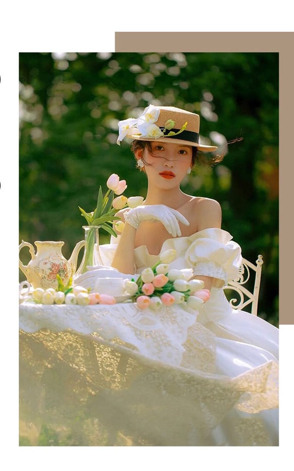 サテン フリルオフショルダー パフスリーブウエディングドレス