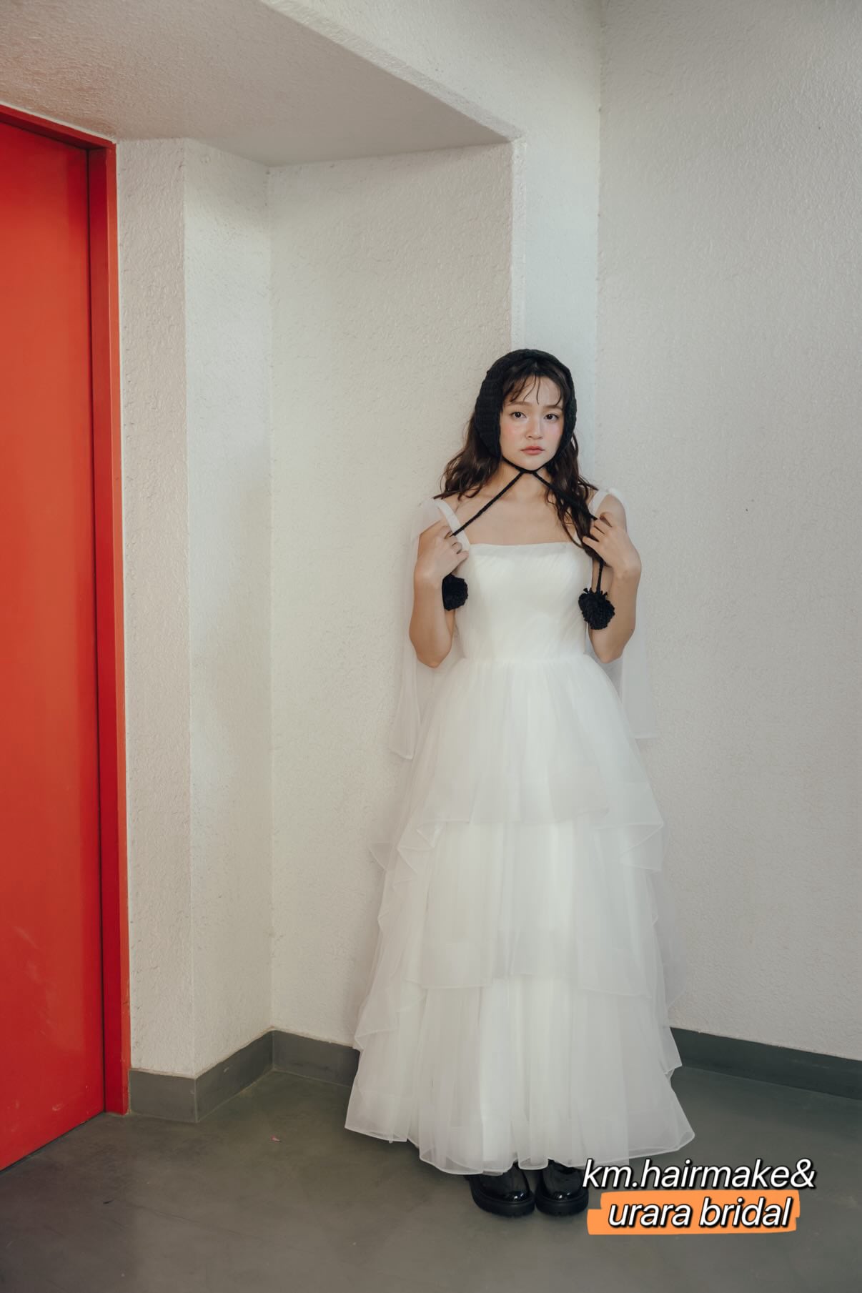 【@km.hairmakeコラボ】ふんわりチュールAラインドレス｜肩リボン