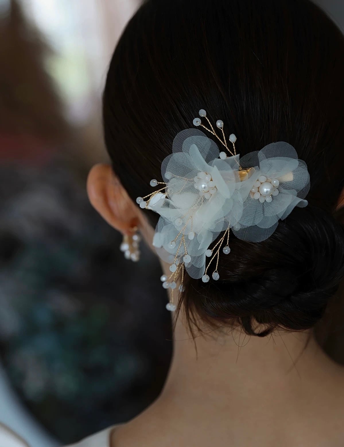 オーガンジーフラワーとパール風ビーズのブライダルヘッドドレス｜花嫁ヘアアクセサリー｜前撮り・結婚式