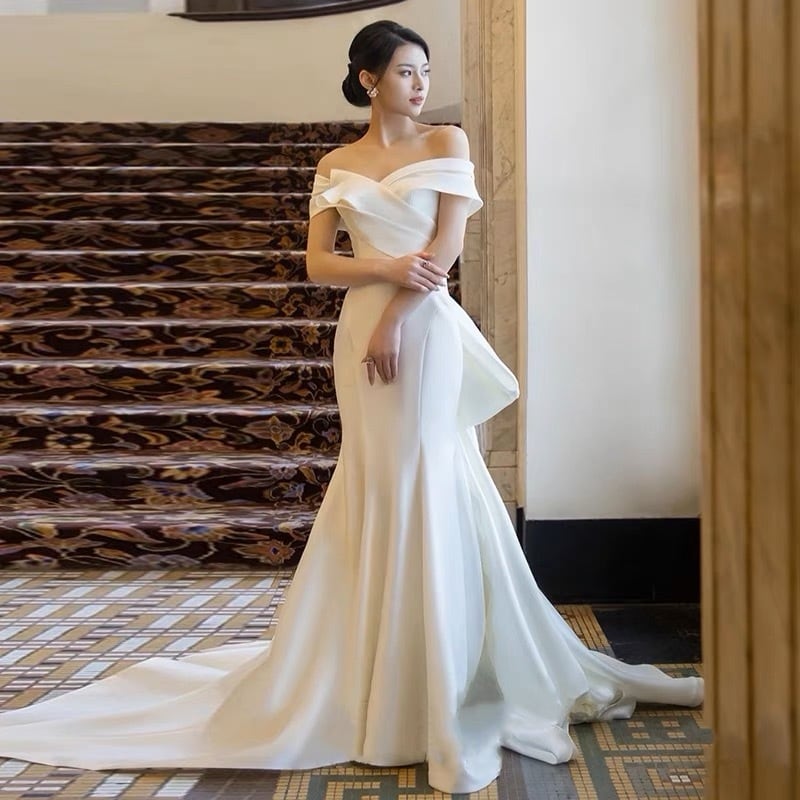 サテン　チュールトップ　オフショルダー　ドレス