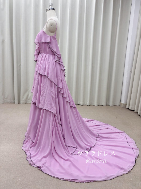 ピンクフリルカラードレス｜軽やかシフォン×甘めデザイン