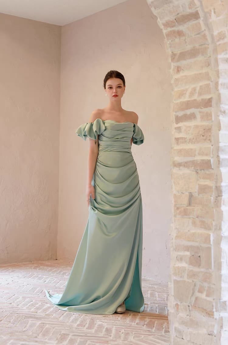 カラードレス グリーン オフショルダー サテン エレガント 二次会 前撮り 演奏会