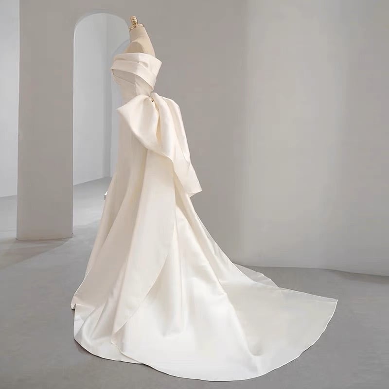 サテン　チュールトップ　オフショルダー　ドレス