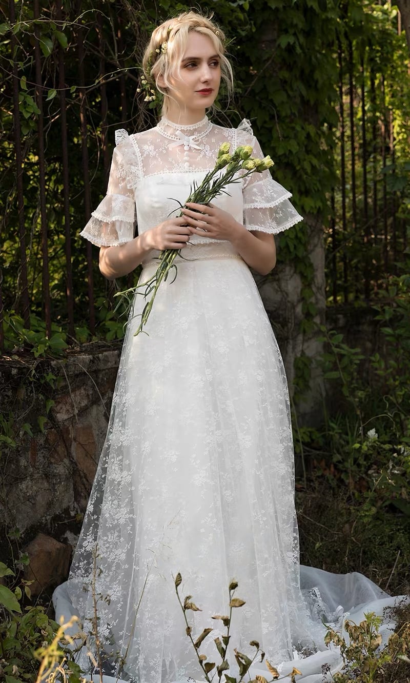 ウエディングドレス レース 半袖 ナチュラル Aライン ガーデンウェディング 花嫁 前撮り