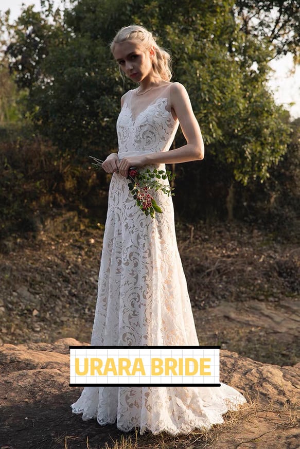 Vネック レース スレンダー ウエディングドレス