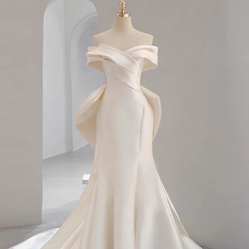 サテン　チュールトップ　オフショルダー　ドレス