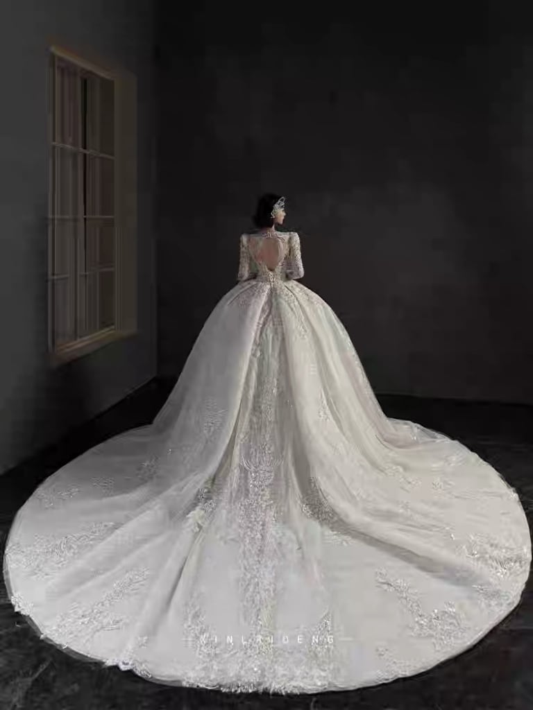 ウェディングドレス Vネック クラシック プリンセスライン 刺繍レース ロングトレーン 花嫁ドレス 豪華 挙式 前撮り 動画あり