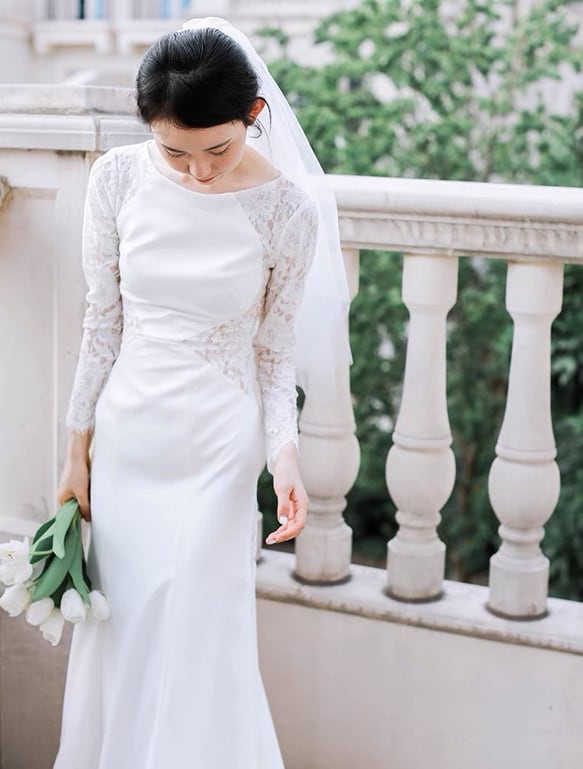 シンプルウエディングドレス 長袖レース フォト 前撮り 後撮り