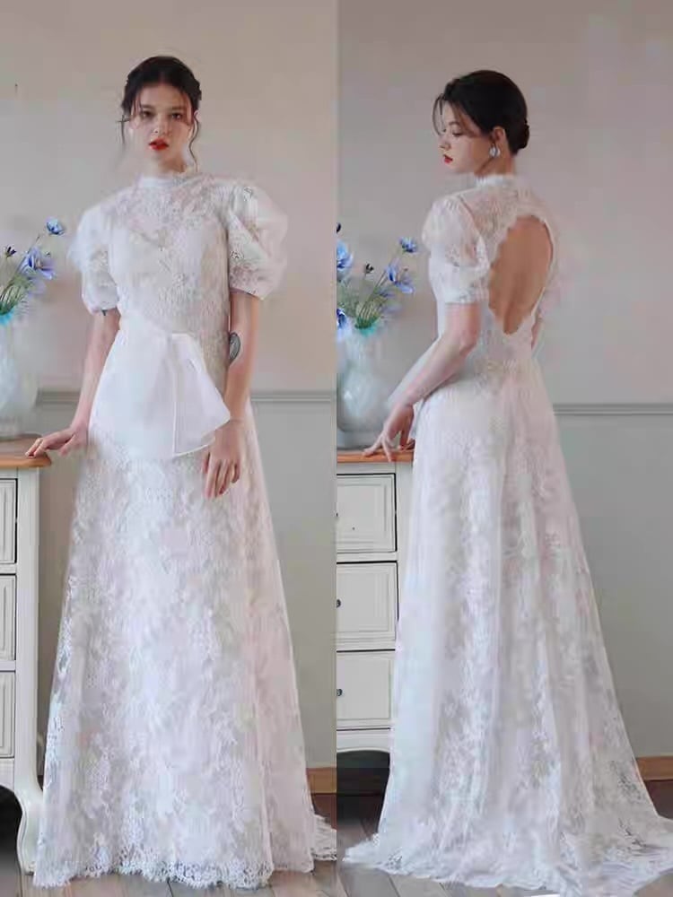 ウエディングドレス レース ハイネック バックオープン Aライン クラシック 花嫁 前撮り