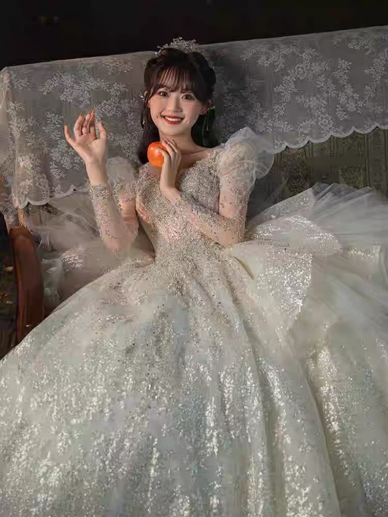 ウェディングドレス 長袖 レース プリンセスライン 可愛い キラキラ ロングトレーン 花嫁ドレス 前撮り 二次会 披露宴 動画あり