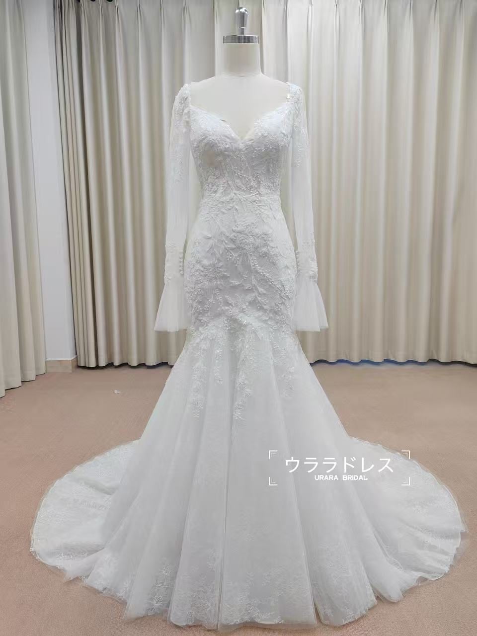 長袖 マーメイド ウェディングドレス レースドレス スレンダーライン エレガント 花嫁ドレス ロングトレーン オーダー対応